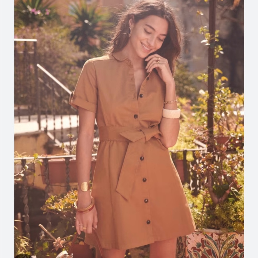 Sezane Tan Button-Front Mini Dress with Tie
